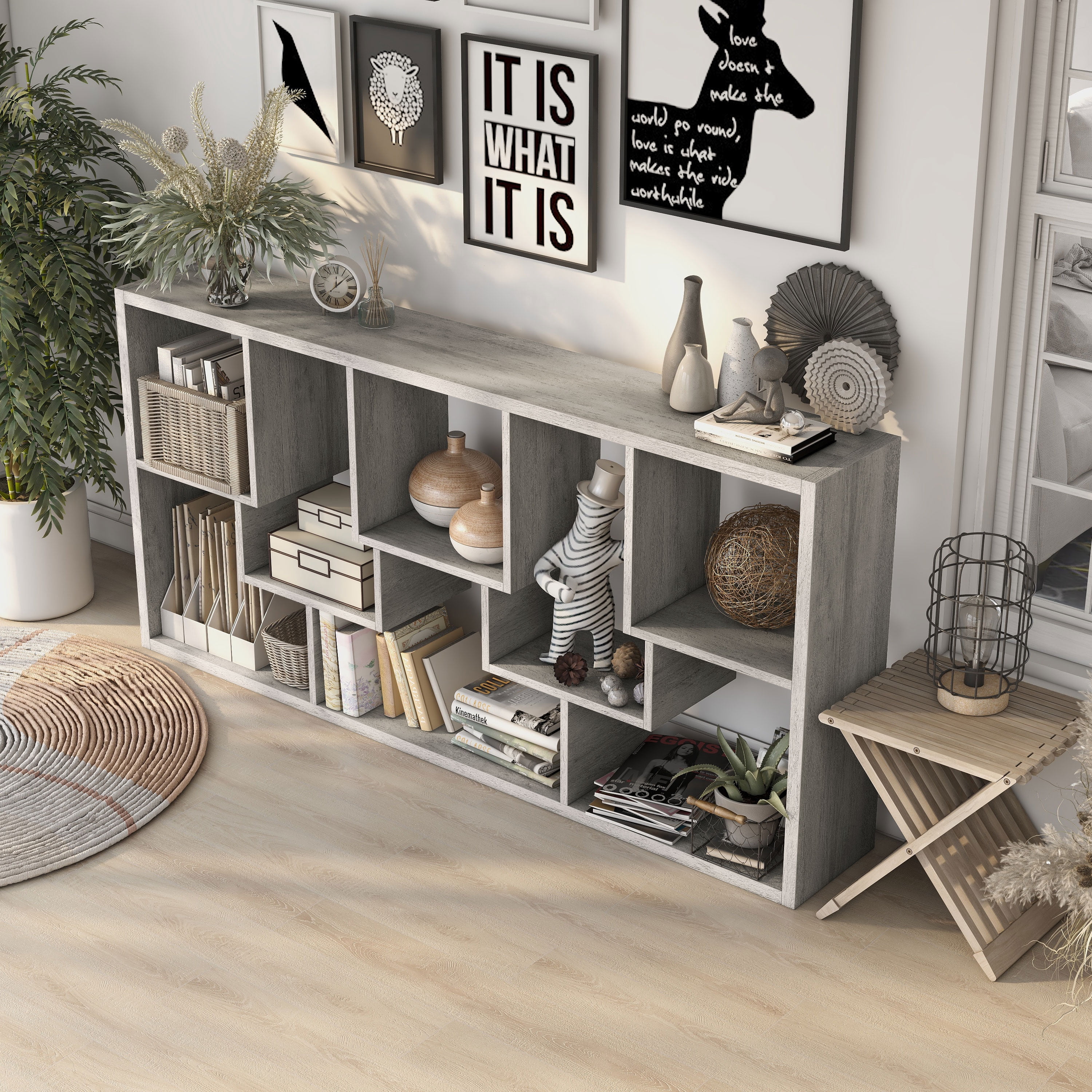 Furniture of America Corin Modern 12-Shelf Geometric Bookcase, Vintage Gray Oak