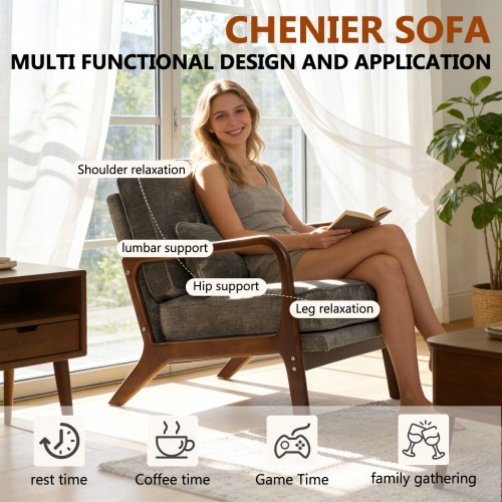 Mid-Century Modern Lounge Chair Single Upholstered Accent Chair with Curved Wood Armrests & Lumbar Cushion, Living Room Bedroom Reading Armchair Indoor, Dark Grey