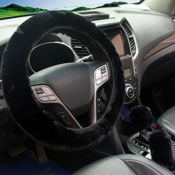 Fluffy Auto Steering Wheel Cover Kit Designed for Cold Weather Protection Black 3PCS
