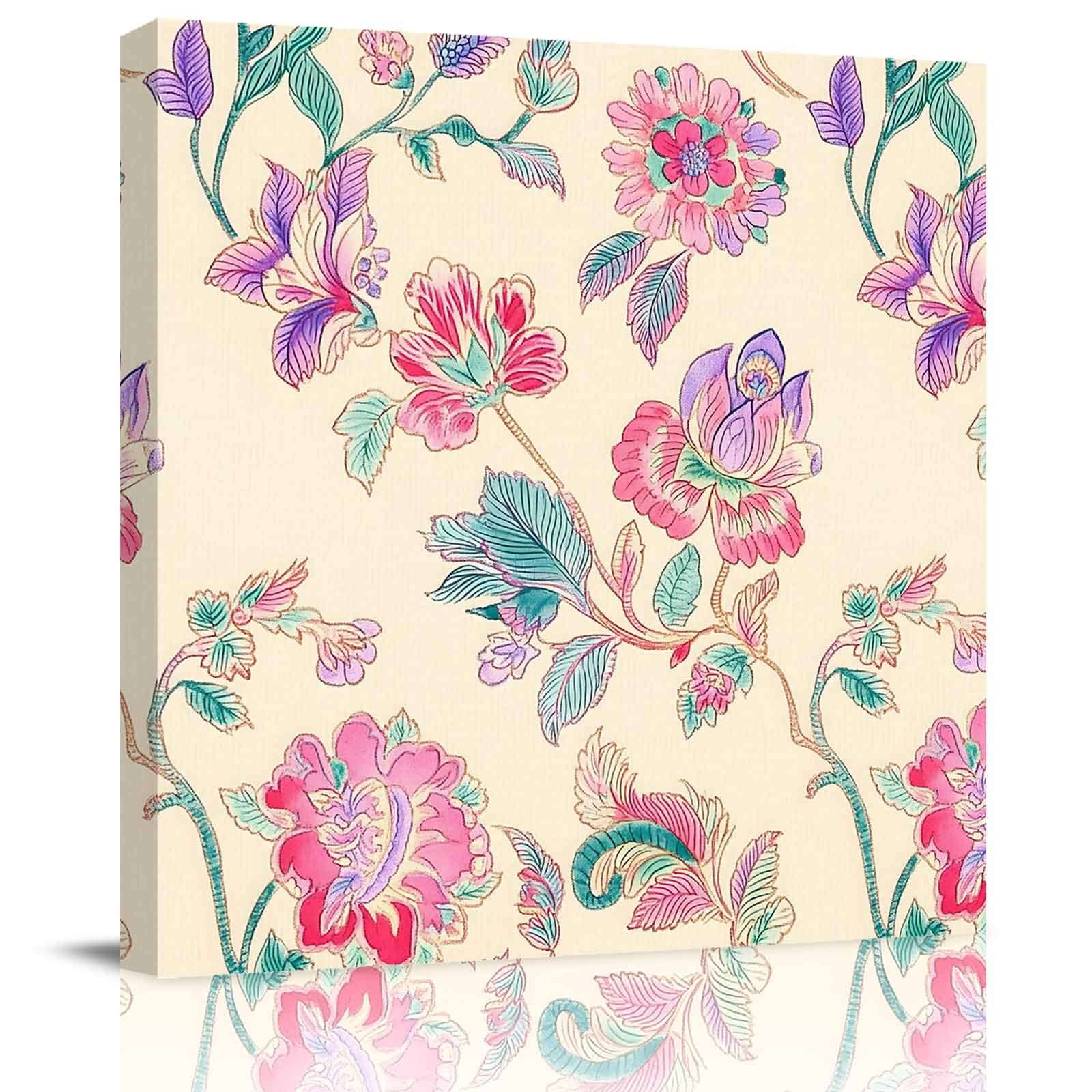 Wall Art Prints Retro Floral Framed Canvas Prints for Bedroom Living Room Bathroom Office Farmhouse Botanical Leaves Flowers Gallery Wrap Wall Art Poster for Gifts Home Decor 16 x16