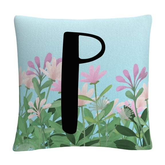 Pink Floral Garden Letter Illustration P By Abc 16 X 16 Decorative Throw Pillow