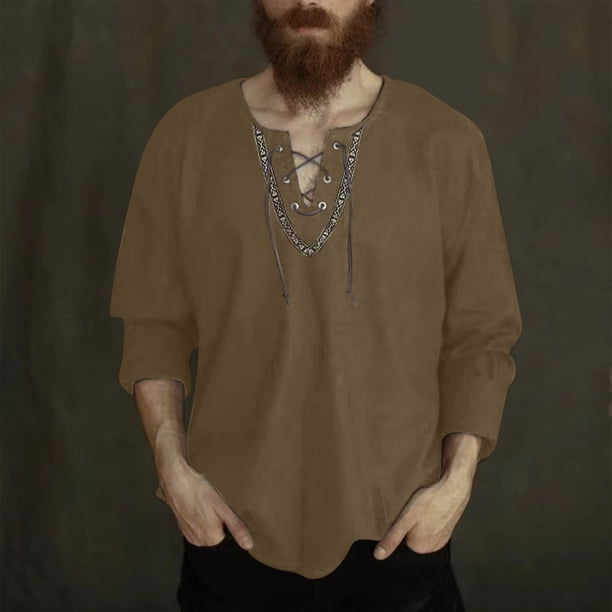 pstuiky camisas de manga larga para hombre, Camisa de lino holgada de manga larga con cordón y cuello en V para hombre, color liso Tops de talla grande para hombre xxl