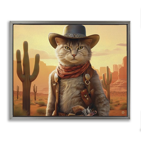 Stupell Industries Rustic Lodge Cowboy Sheriff Cat Gray Floating Frame Canvas Art, 21 x 17, by Michael David Ward