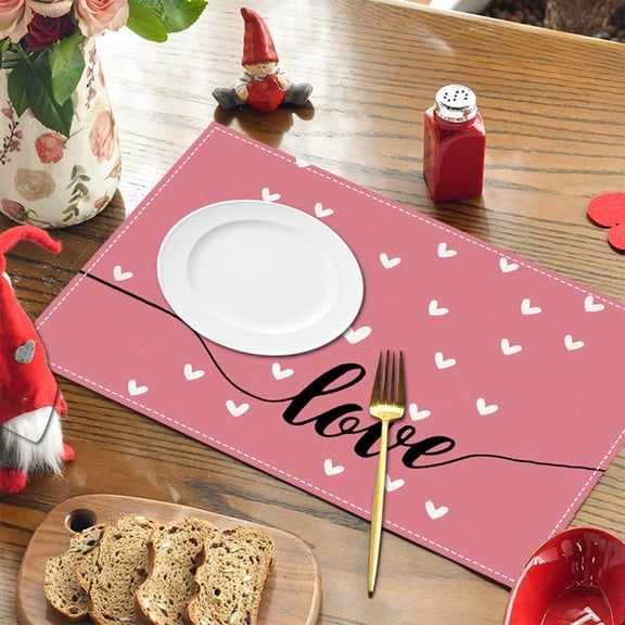 PEONAVET Pinks Love Heart Placemats, Valentines Day Reusable Table Mats Waterproof Heat Resistants Table Place Mats for Indoor Outdoor Party Kitchen Dining Table