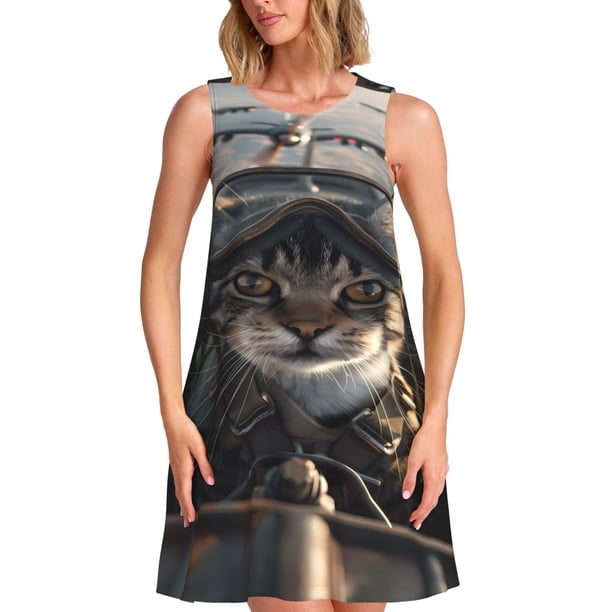 Fotbe Pilot Cat In Vintage Plane Vestido de Verano sin Mangas para Mujer – Vestido Midi Línea A, Estilo Camiseta Floral, Vestido Playero Casual y Fluido