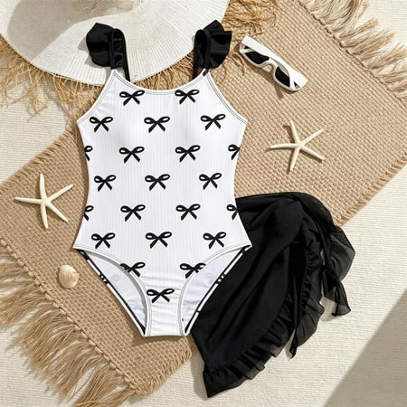 Toddler Girl Swimsuit Kids Bow Print One Piece Swimsuit with Skirt Quick Dry Stretch Girls Bathing Suit