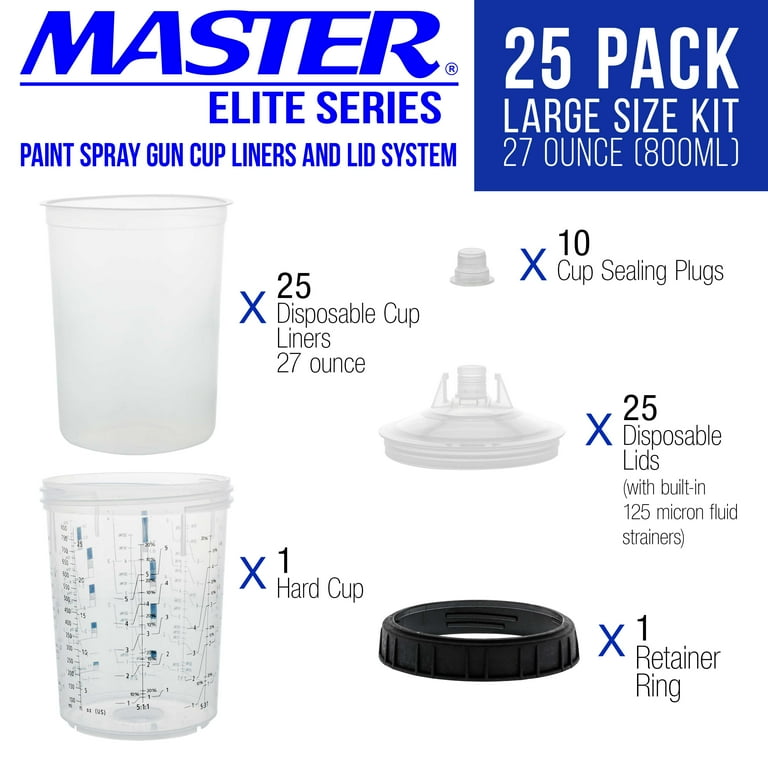 Disposable Paint Mixing Cup Kit For HVLP Spray Guns - 10 Cups With Lids, Plugs, Adapter & Stirrer (20 Oz)