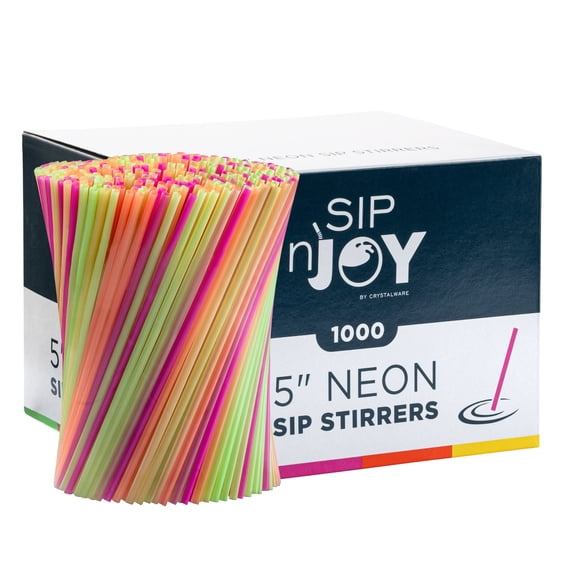 Crystalware, Plastic Stir Straw, Sip Stirrer, For Coffee and Cocktail, 1000/Box, Assorted Neon Colors