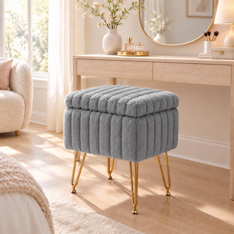 BEAUTYPEAK Vanity Stool with Storage Faux Fur Padded Makeup Ottoman with Gold Metal Legs and Adjustable Feet 18.9" Footstool, Gray
