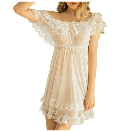 Women s Lace Chemise Bowknot Off Shoulder Mesh Nightgown Nightdress Sleepwear Sexy Lingerie Babydoll