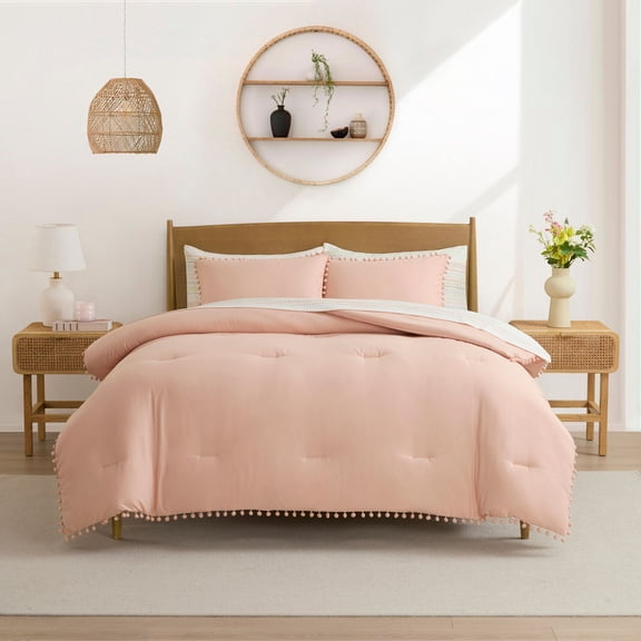 Pom-Pom Solid Kids Bedding Set Includes Printed Coordinated Sheet Set - Full