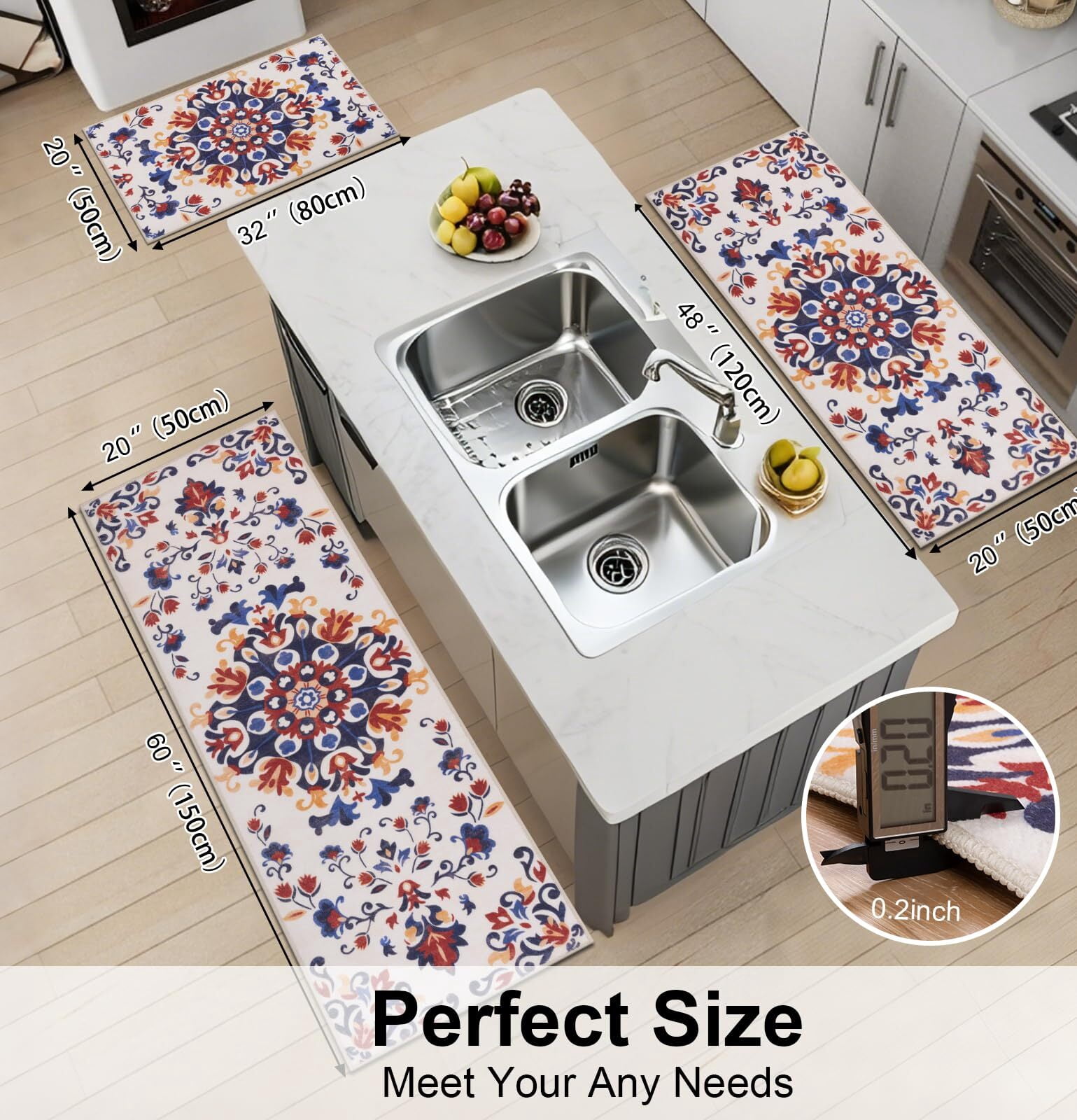 Findosom 3pcs Washable Kitchen Rug Set,Non-Slip Floral Boho Kitchen Mats Kitchen Runner Rug Floor Carpet for Hardwood Floor,Sink,Entryway,Bathroom,Home Decor,20"x32"+20"x48"+20"x59"