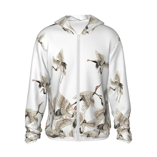 Fotbe Japanese White Cranes Chaqueta con Protección Solar UPF 50+ para Hombre y Mujer, Camisa con Capucha y Bolsillos-X-Large