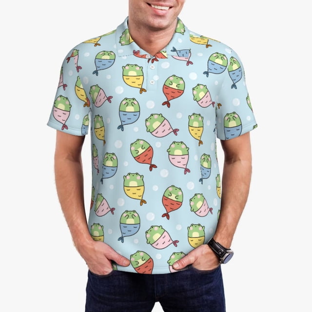 Saiise Frog In Mermaid Print Mens Golf Shirt Moisture Wicking Quick-Dry Print Performance Polo Shirts for Men-Large