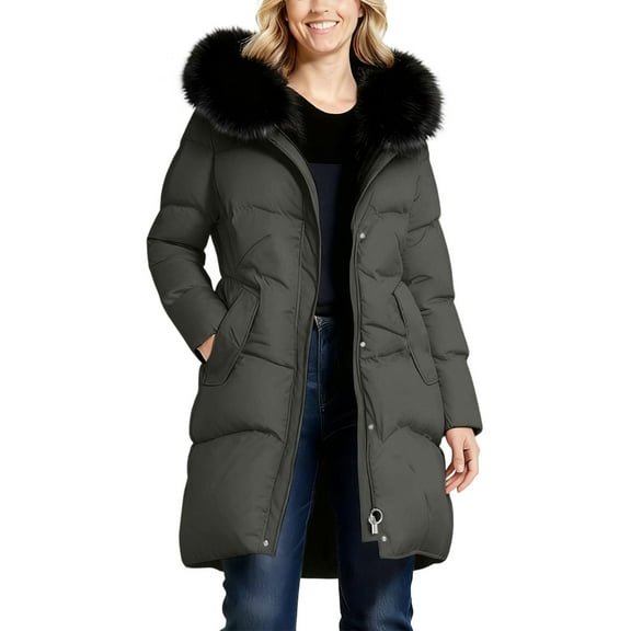 YYDGH Long Puffer Jacket Womens Warm Insulated Zip Up Parka Jackets with Fur Trim Hood Winter Down Coats with Pockets