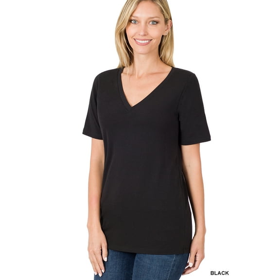 Zenana Women & Plus Relaxed Fit V-Neck Short Sleeve Basic Jersey T-Shirt Tops