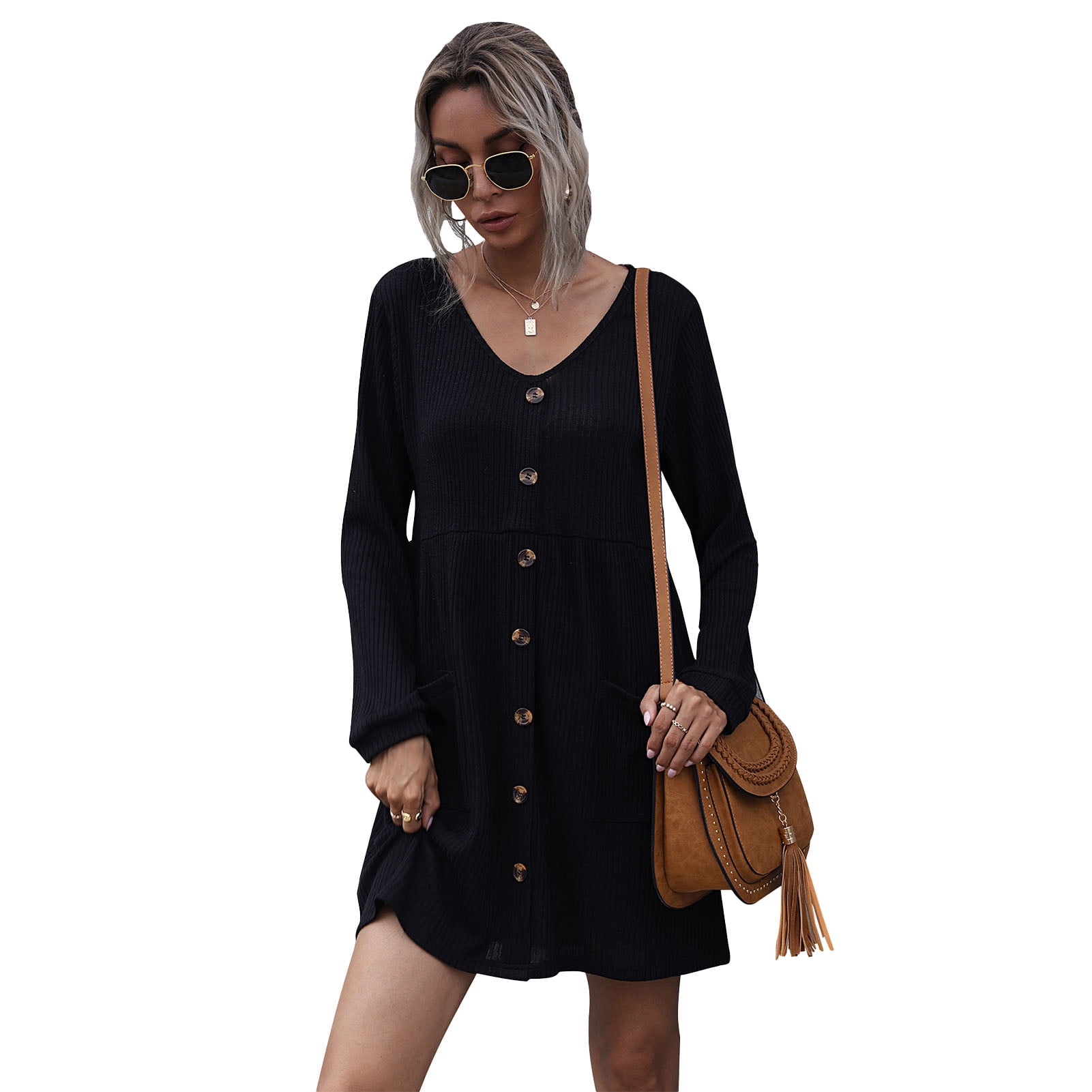 Loose Fit Knit Mini Dress Soft Button Down Knit Sweater Dress Comfortable Solid Color With Side Pockets For Shopping Black Walmart