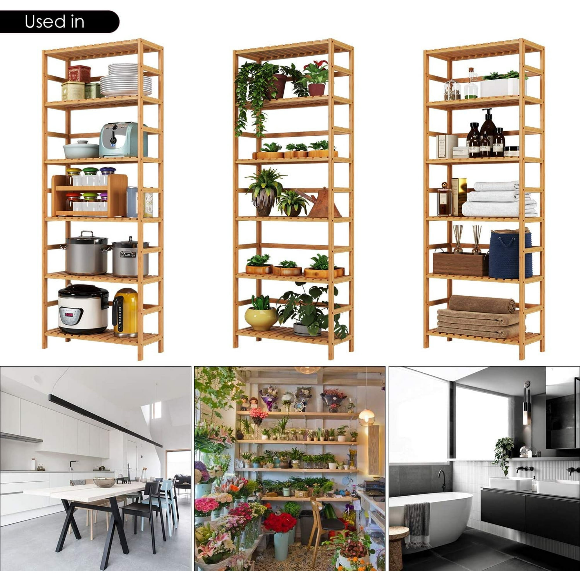 Homfa 6 Tier Bathroom Cabinet, Storage Rack for Bathroom, 63.4''H Tall Shelf Organizer Bamboo Linen Cabinet, 2 PCS, Nature
