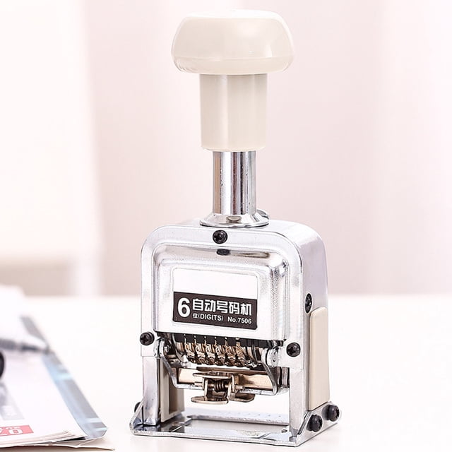 Number Coding Machine Coding Page Machine Automatic Numbering Machine 7506 6-Digit Number Coding Page Digital Stamping Machine. The machine features a sturdy metal construction with a polished silver finish and a cream-coloured handle. It is designed for precise and clear stamping, suitable for bills and file numbers. The model includes automatic inking, coding skipping, and a locking switch for ease of use. Accessories include ink, a pen, and sponges.
