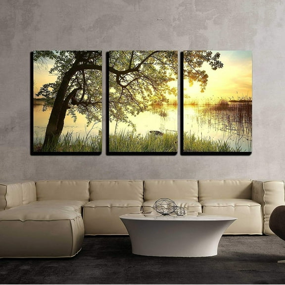 wall26 - 3 Piece Canvas Wall Art - Tree Near Lake During Sunset. Beautiful Natural Landscape - Modern Home Art Stretched and Framed Ready to Hang - 24"x36"x3 Panels