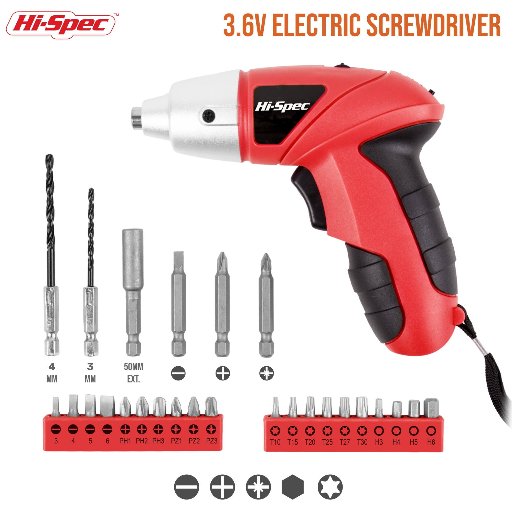 Hi-Spec 27pc 3.6V Compact Cordless Electric Power Screwdriver & Bit Set USB Rechargeable Battery