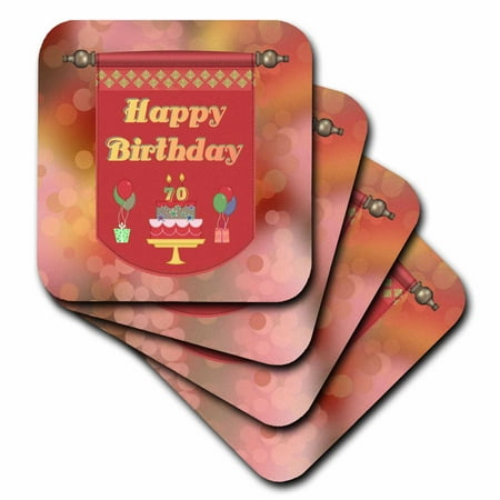 

3dRose Happy 70th Birthday Banner Cake with Gifts and Balloons - Soft Coasters set of 8
