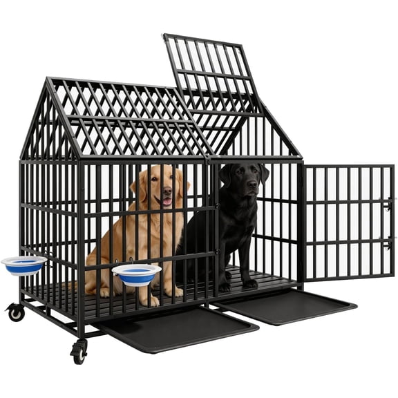 Ufyerutg 50'' Indestructible Heavy Duty Dog Crate, Escape Proof Strong Steel Impact Pet Cage for Large Giant Dogs, High Anxiety Sound Proof Chewproof Kennel Double Door with Trays and Wheels