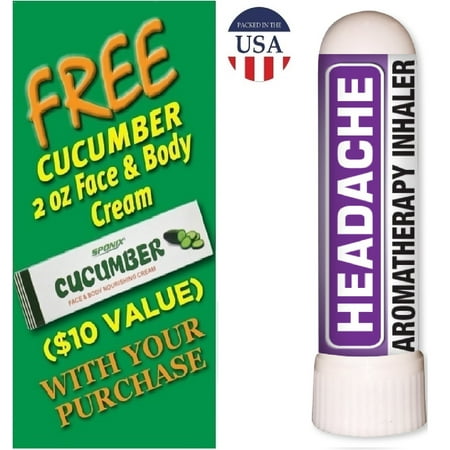100 Ml Face - Organic Aromatherapy Headache Nasal Inhaler - Made with 100% Organic Essential Oils - 0.7 ml - with FREE Cucumber Face & Body Nourishing Cream by Sponix