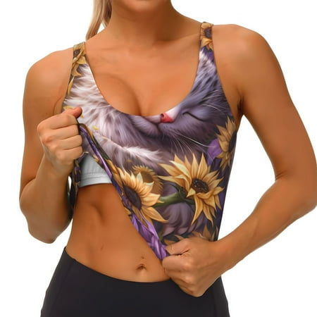 Qokaie Warm Sunflower Sleeping Cat Pattern Womens Scoop Neck Sports Bra Breathable Workout Vest Padded U Back Medium Impact Fitness Gym Yoga Bra Workout Crop Top