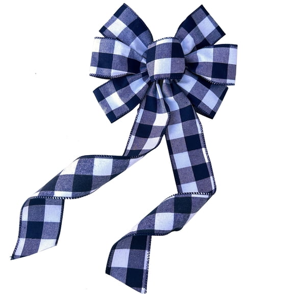 Navy Blue Plaid Wreath Bow - 10" Wide, 18" Long Pre-Tied Bow, Memorial Day, 4th of July, America 250 Anniversary, Buffalo Check, Spring Decor, Door Decoration, Police Support, Garland, Father's Day