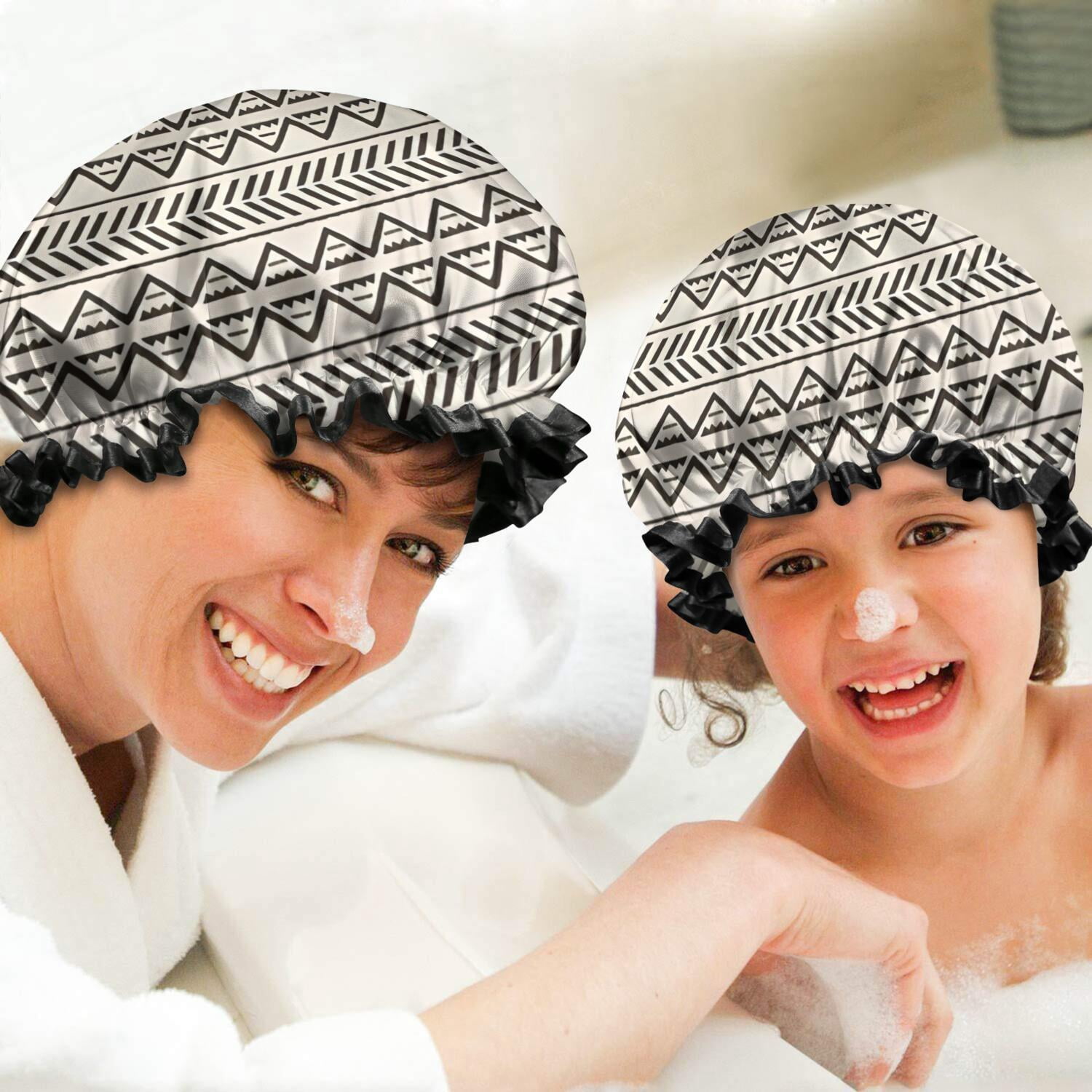 Shower Caps,White Geometric Triangle Chevron Pattern Waterproof Shower Cap for Women 4 Pieces,Double Reusable Hair Cover for Shower PEVA Elastic Stretch Hem