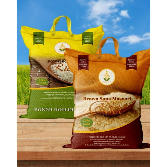 Shastha Traditional Ponni Boiled  Rice 10lbs    Brown Sona Masoori Rice 10lbs - Pack of 2 , 10 lbs