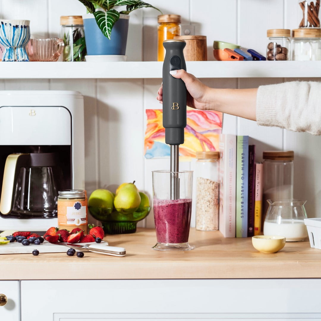 Beautiful 2-Speed Immersion Blender with Chopper & Measuring Cup, Oyster Grey by Drew Barrymore