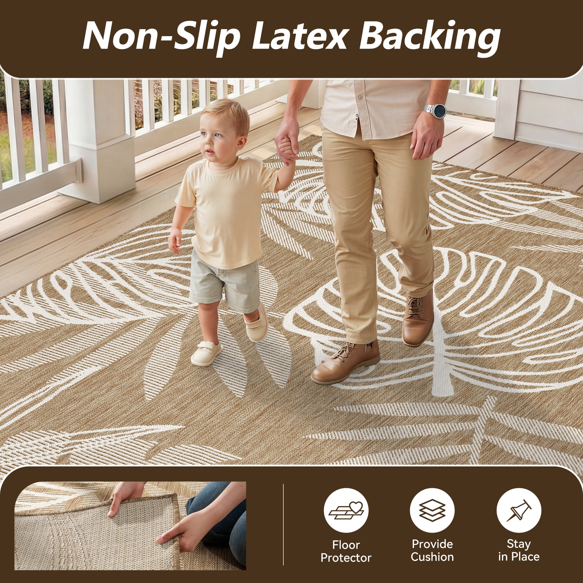 SIXHOME Outdoor Rugs 9'x12' Patio Rug Tropical Indoor Outdoor Rugs Polypropylene Washable Non Shedding, Easy Clean, Waterproof, Durable Outdoor Carpet for Porch Balcony Deck Neutral Brown
