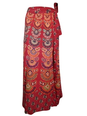 Mogul Women Red Cotton Wrap Skirt Floral Print Gypsy Boho Chic Hippie Beachwear Long Skirts