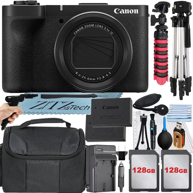 Canon PowerShot V1 4K Vlogging Camera with 2 Pack 128GB Memory Card + Case + Full Size Tripod + ZeeTech Accessory Bundle