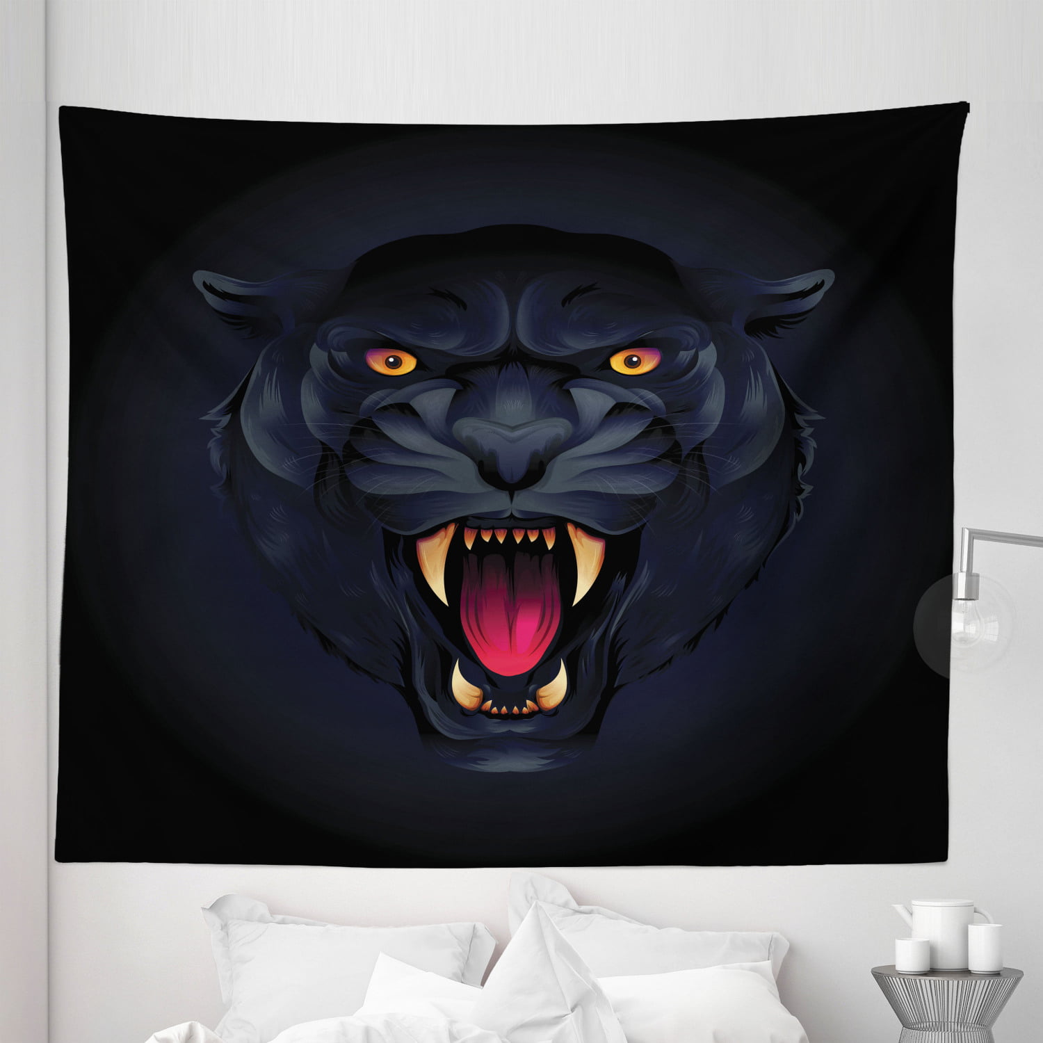 Black and White Tapestry, Roaring Panther Predator Savage Animal Big Cat  Cartoon Art Print, Fabric Wall Hanging Decor for Bedroom Living Room Dorm,  5 Sizes, Dark Blue Grey, by Ambesonne 