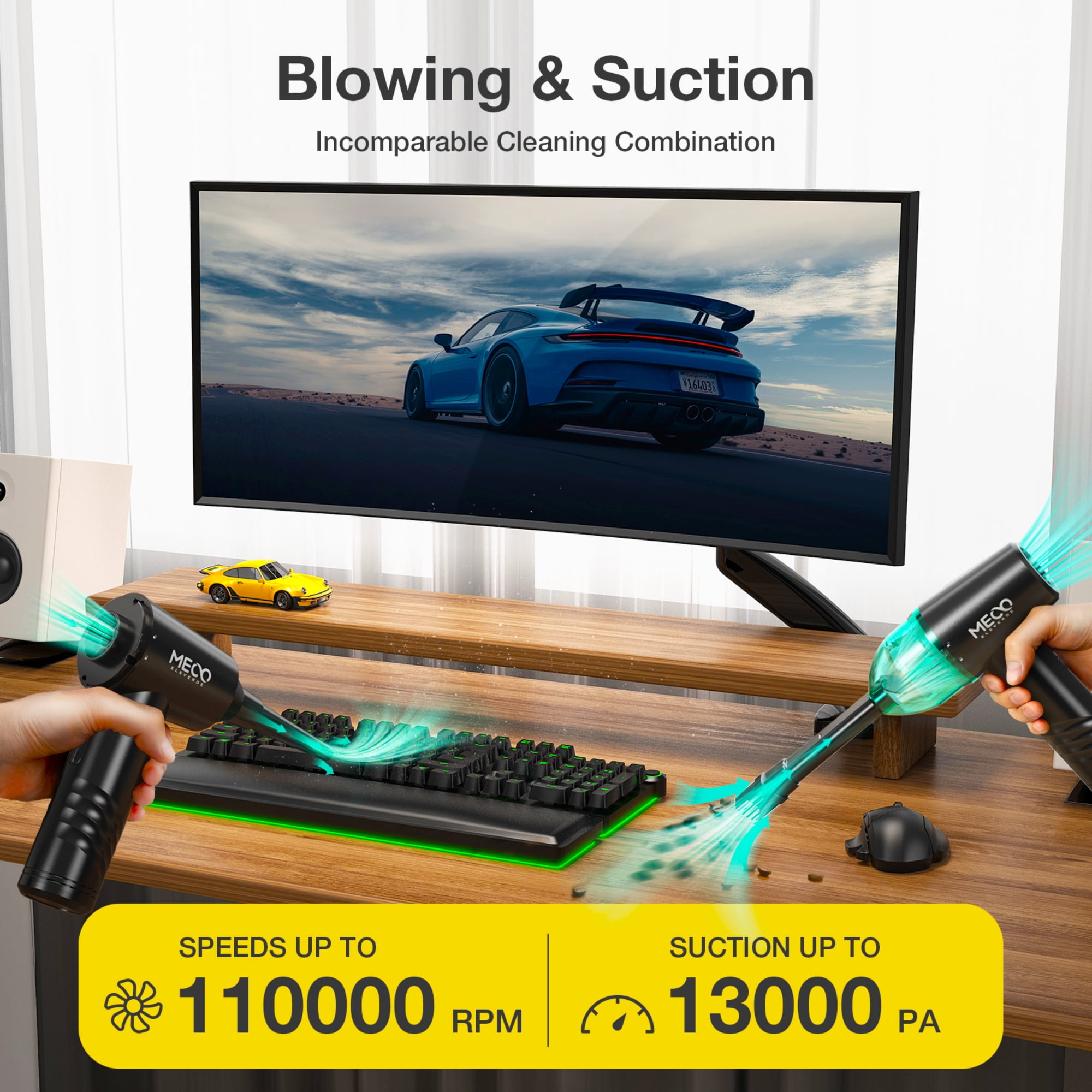 Air Duster,MECO 2-in-1 Compressed Air Duster and Vacumm,110000 RPM Cordless Car Vacuum with 6000mAh Battery for Car,Computer, Laptop, Keyboard Cleaning