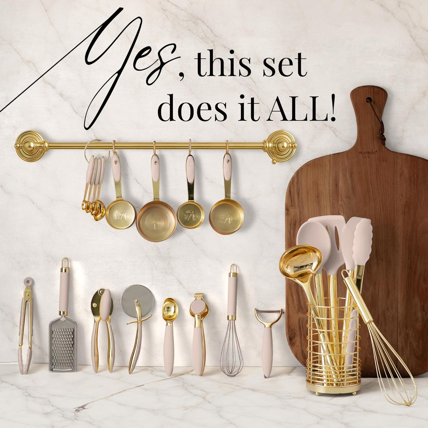 Styled Settings 23-Piece Gold and Beige Kitchen Utensils Set – Silicone Nonstick Cooking Tools with Measuring Cups, Garlic Press, Can Opener, and Utensil Holder