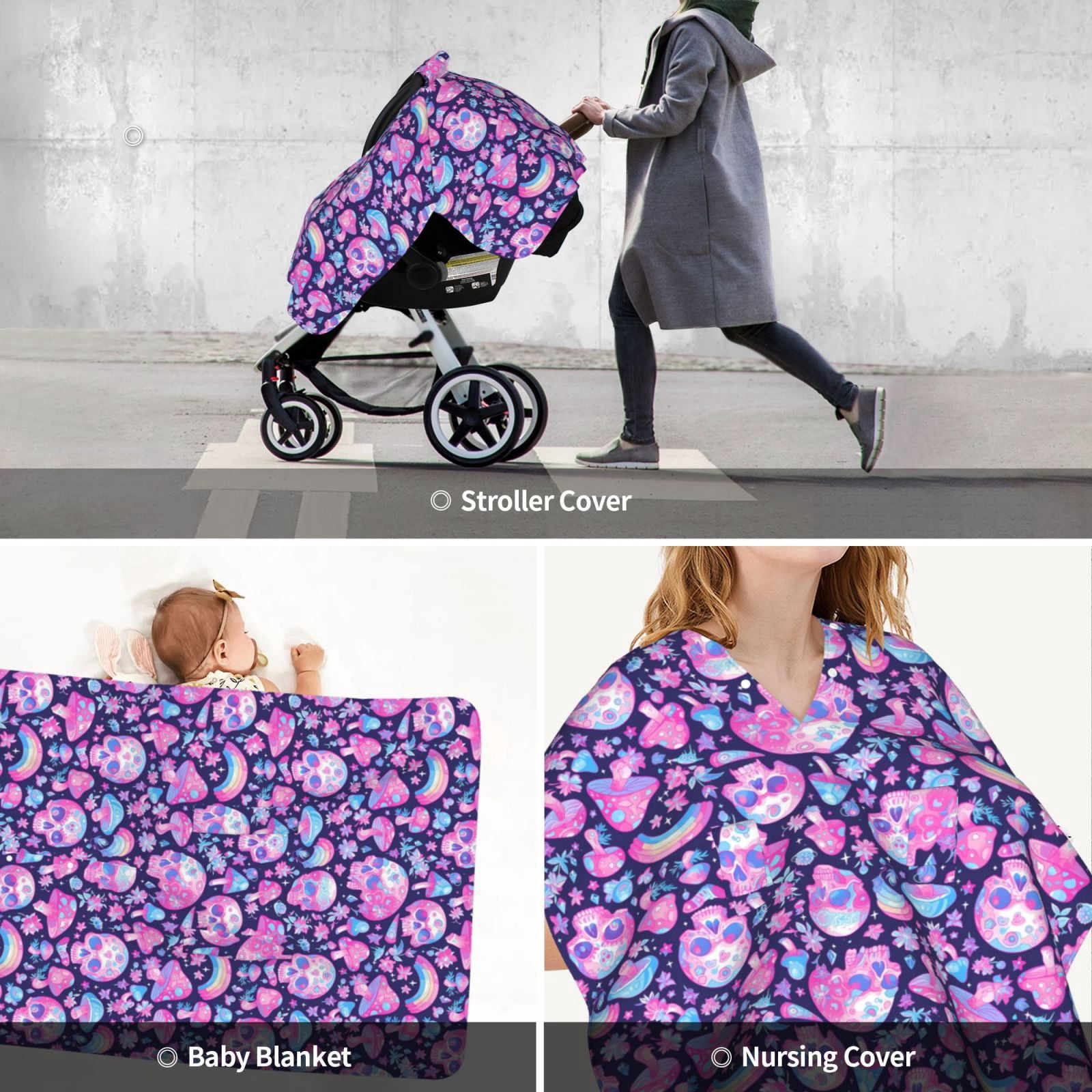 Car Seat Cover Baby - pink Skull rainbow mushroom Breathable Infant Car Seat Cover for Baby Carseat, Lightweight Comfort Baby Essentials Must Haves Newborn Stuff for Girl Boy