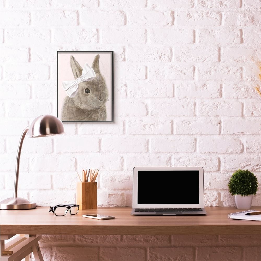 Bunny Pink Bow Kids Animal Drawing Oversized Framed Giclee Texturized Art by Daphne Polselli