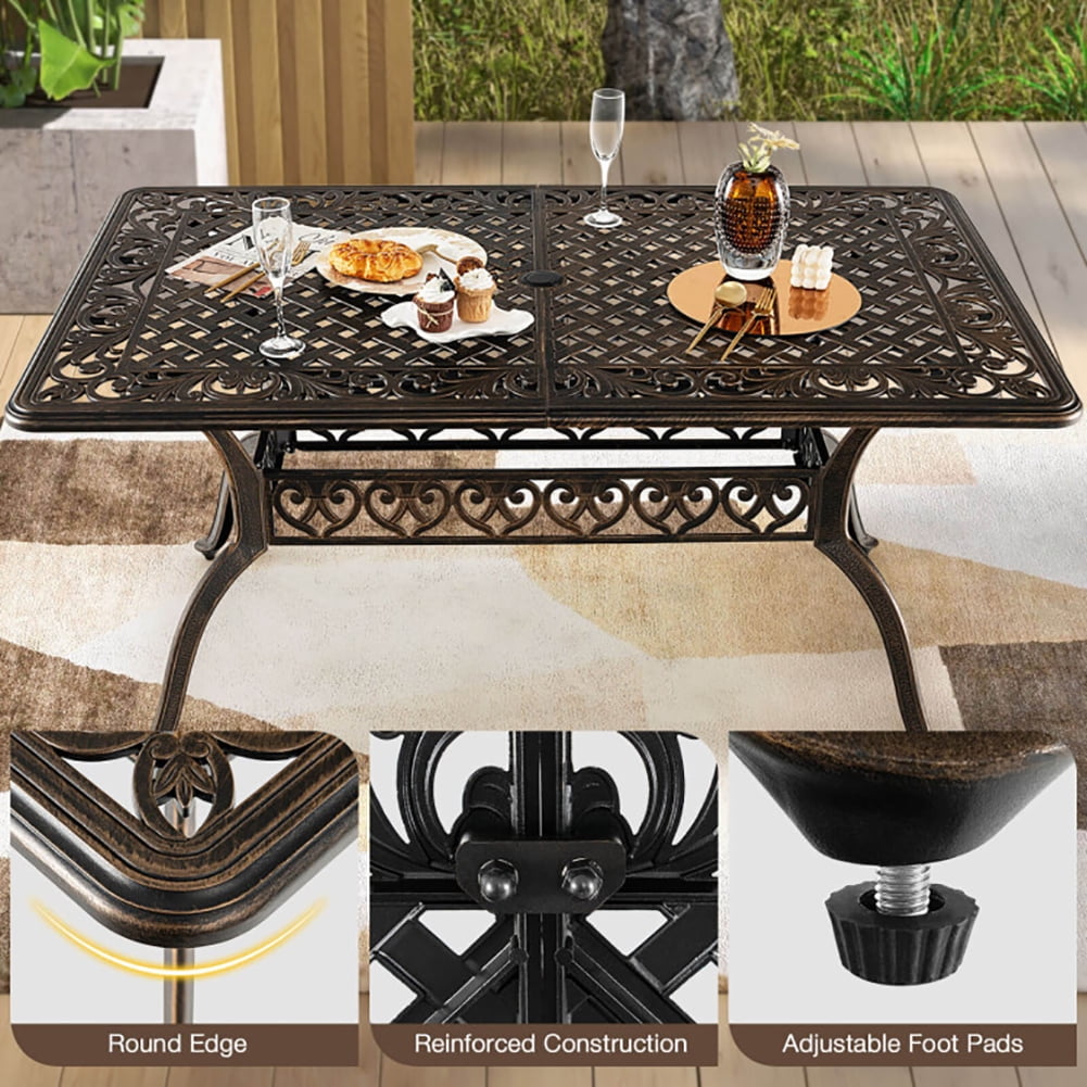 Aimee Lii 59" Aluminum Patio Dining Table with Umbrella Hole fot 6 Persons, Outdoor Patio Furniture, Bronze