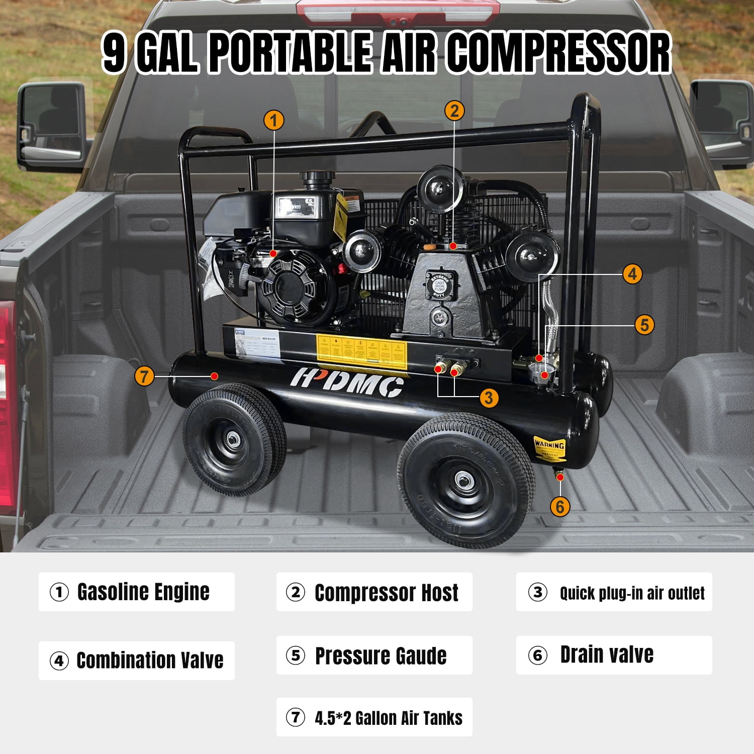 HPDMC Gas Driven Piston Air Compressor 6.5HP - One Stage - 6.5HP Gasoline Engine - 9Gal Tank - 18cfm 115psi - Portable Compressed System