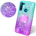 thumbnail image 3 of Phone Cover Compatible for Moto G8 Power Lite Case Liquid Floating Quicksand with Diamond Ring Stand for Magnetic Car Mount and Lanyard - Purple on Teal, 3 of 5