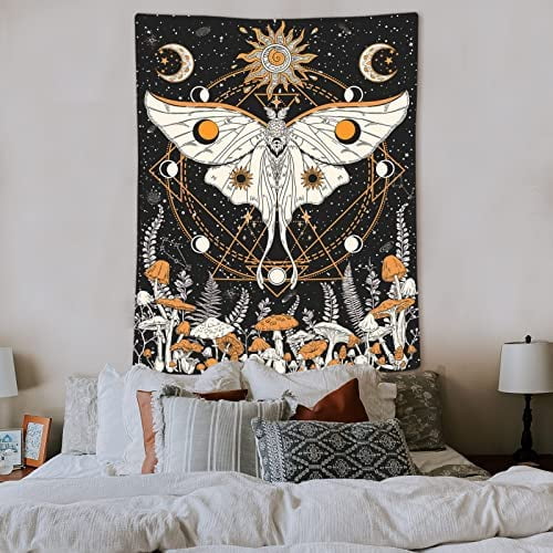 YOITEA Mushroom Tapestry Moth Tapestries Orange Sun Moon and Star Tapestry Wall Hanging Vintage Indie Hippie Black Beige Aesthetic Wall Tapestry for