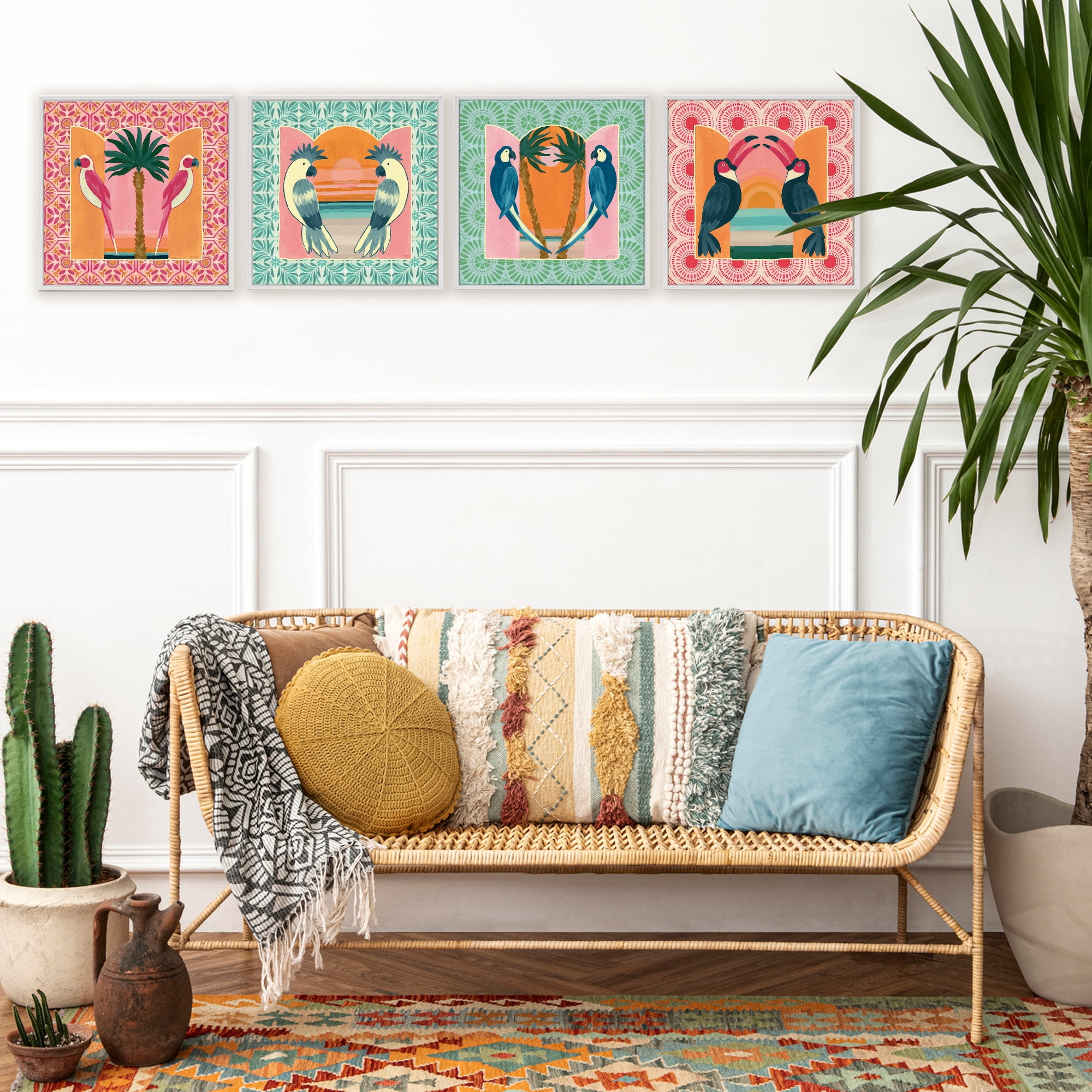 Stupell Industries Patterned Twin Bird Symmetry 4 Piece White Framed Giclee Art Set, design by Yvette St. Amant