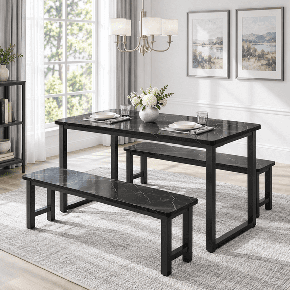PAPROOS Dining Table Set for 4, 3-Piece Kitchen Table Set with 2 Benches, Metal Frame, Modern Dining Room Table Set for Home, Cafeteria, Bar, Black