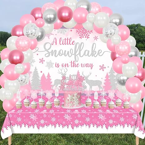 Snowflake Baby Shower Decorations, A Little Snowflake Is On The Way Backdrop Cake Topper Balloon Garland Arch Kit Tablecloth Pink for Girls Winter Baby Shower Party Supplies