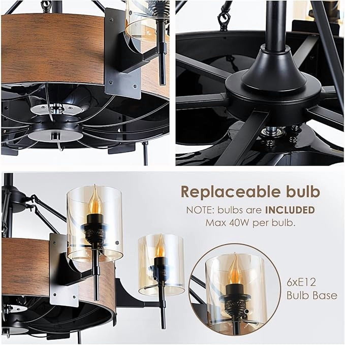 Kviflon 39.5 Inch Rustic Farmhouse Caged Ceiling Fan with Light, Black Vintage Industrial Chandelier Quiet DC Motor Remote for Dining Room Kitchen