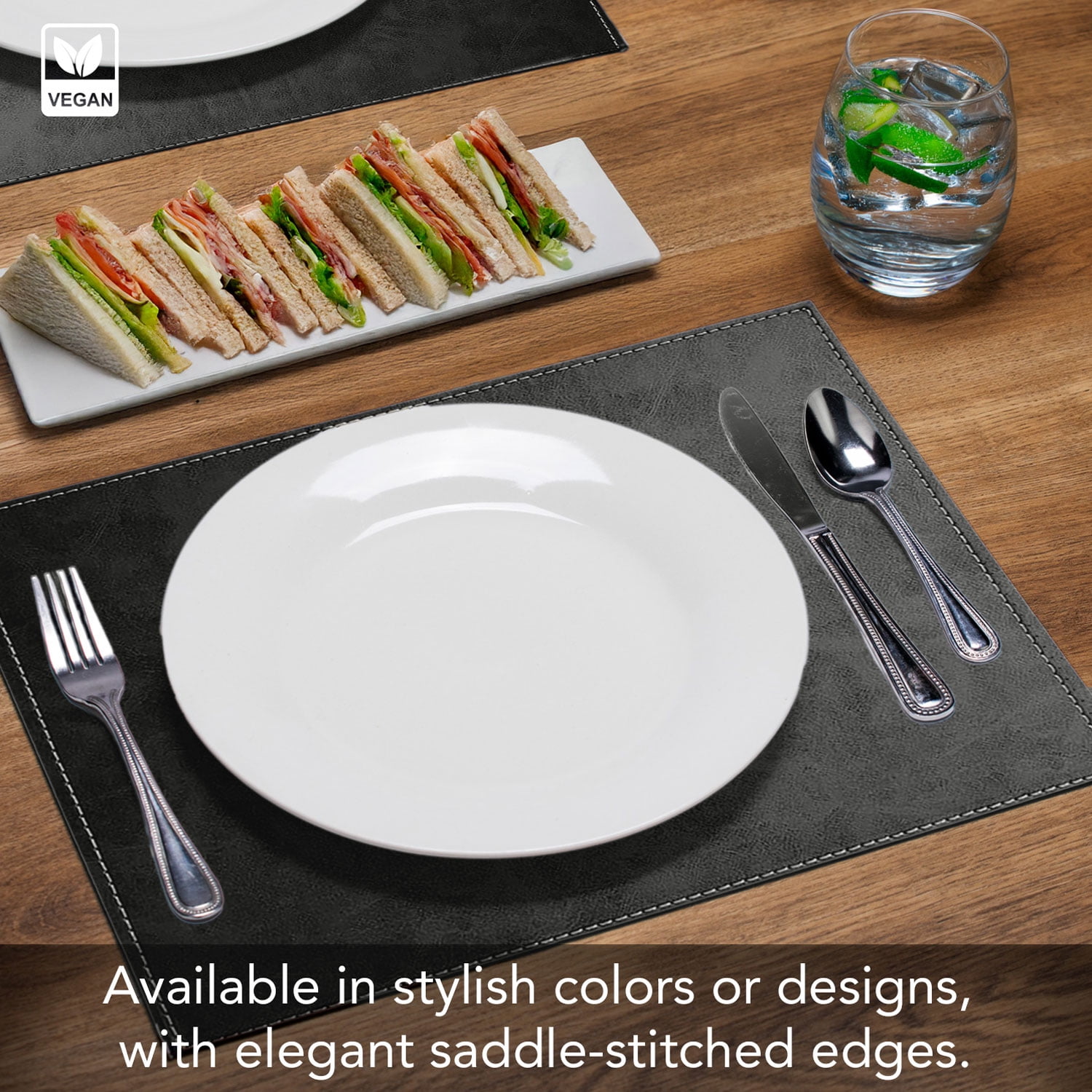 Luxurious Black Vegan Leather Placemats 4 Pack Look and Feel of Genuine Leather Infused with Copper